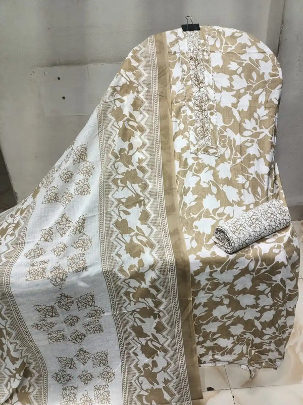 Unstitched Suit with Neck Embroidery & Cotton Dupatta
