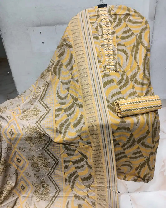 Unstitched Suit with Neck Embroidery & Cotton Dupatta