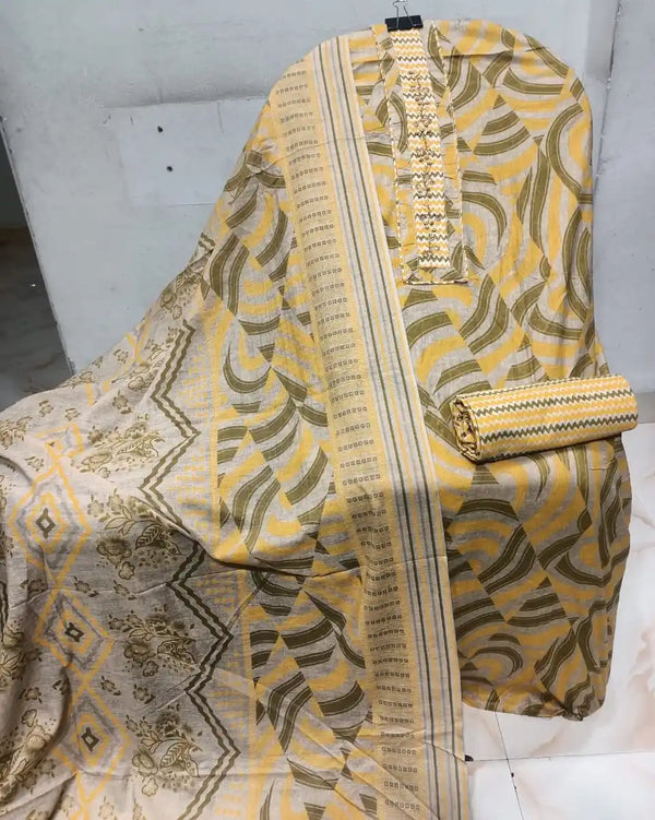 Unstitched Suit with Neck Embroidery & Cotton Dupatta