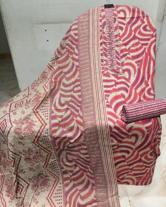 Unstitched Suit with Neck Embroidery & Cotton Dupatta