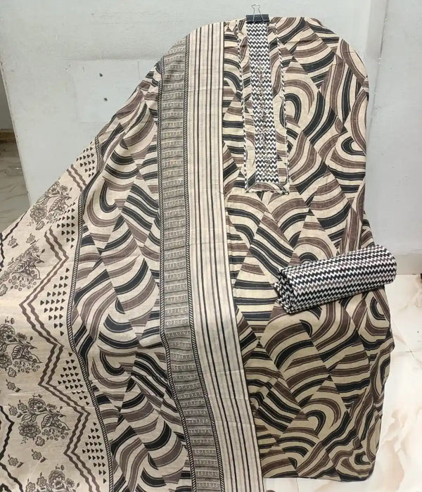 Unstitched Suit with Neck Embroidery & Cotton Dupatta