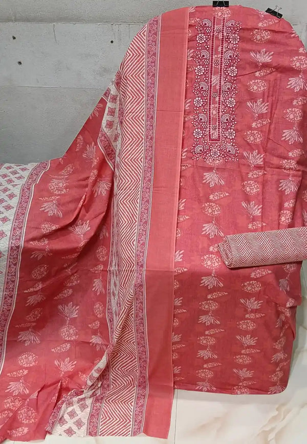 Unstitched Suit with Neck Embroidery & Cotton Dupatta