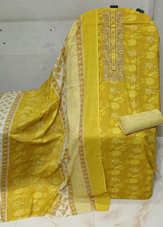 Unstitched Suit with Neck Embroidery & Cotton Dupatta