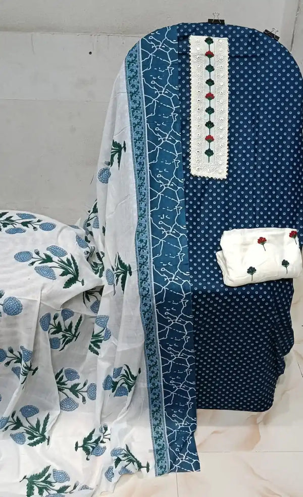 Unstitched Suit with Neck Embroidery & Cotton Dupatta