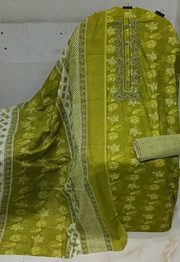 Unstitched Suit with Neck Embroidery & Cotton Dupatta