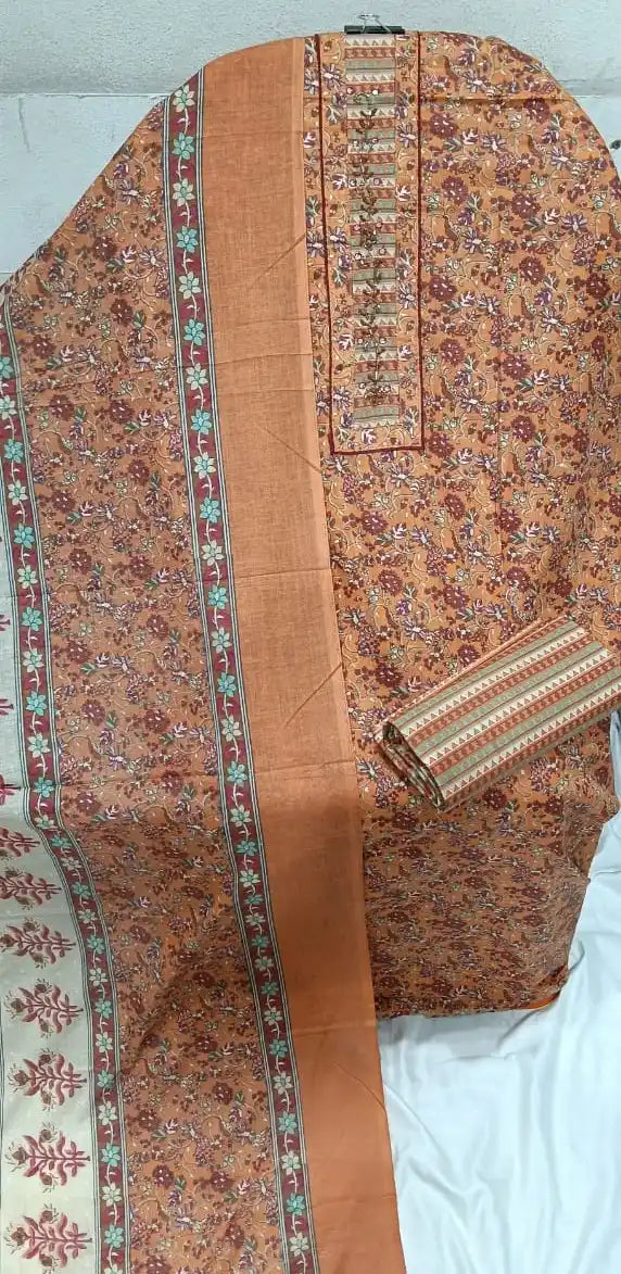 Unstitched Suit with Neck Embroidery & Cotton Dupatta