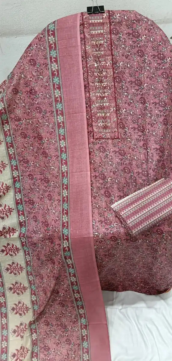 Unstitched Suit with Neck Embroidery & Cotton Dupatta