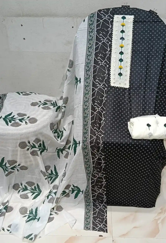 Unstitched Suit with Neck Embroidery & Cotton Dupatta