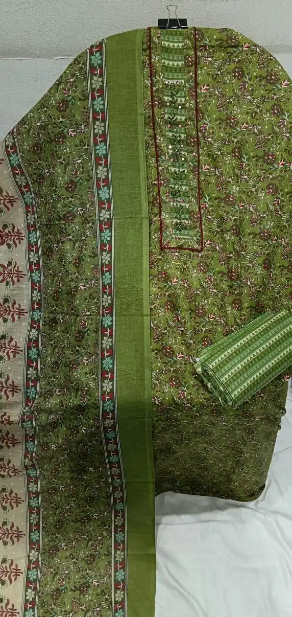 Unstitched Suit with Neck Embroidery & Cotton Dupatta