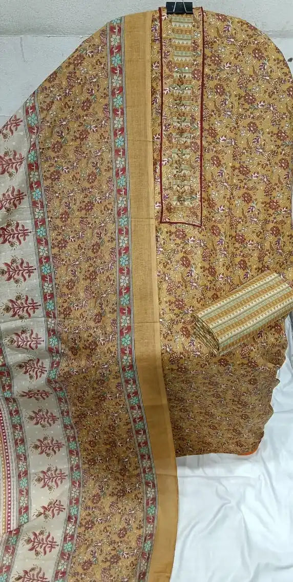 Unstitched Suit with Neck Embroidery & Cotton Dupatta
