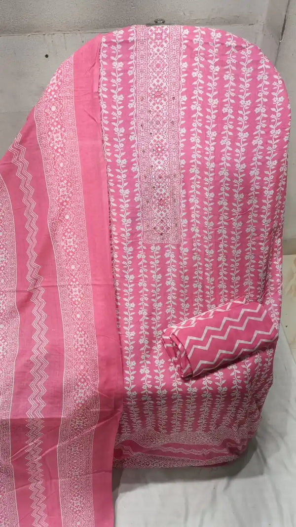 Unstitched Suit with Neck Embroidery & Cotton Dupatta