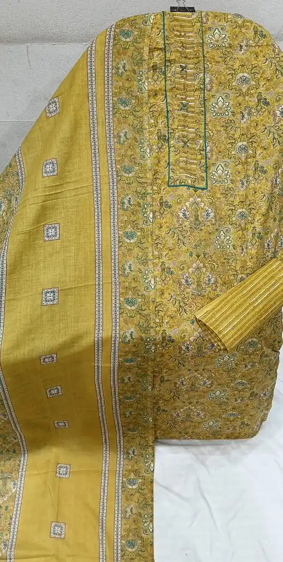 Unstitched Suit with Neck Embroidery & Cotton Dupatta