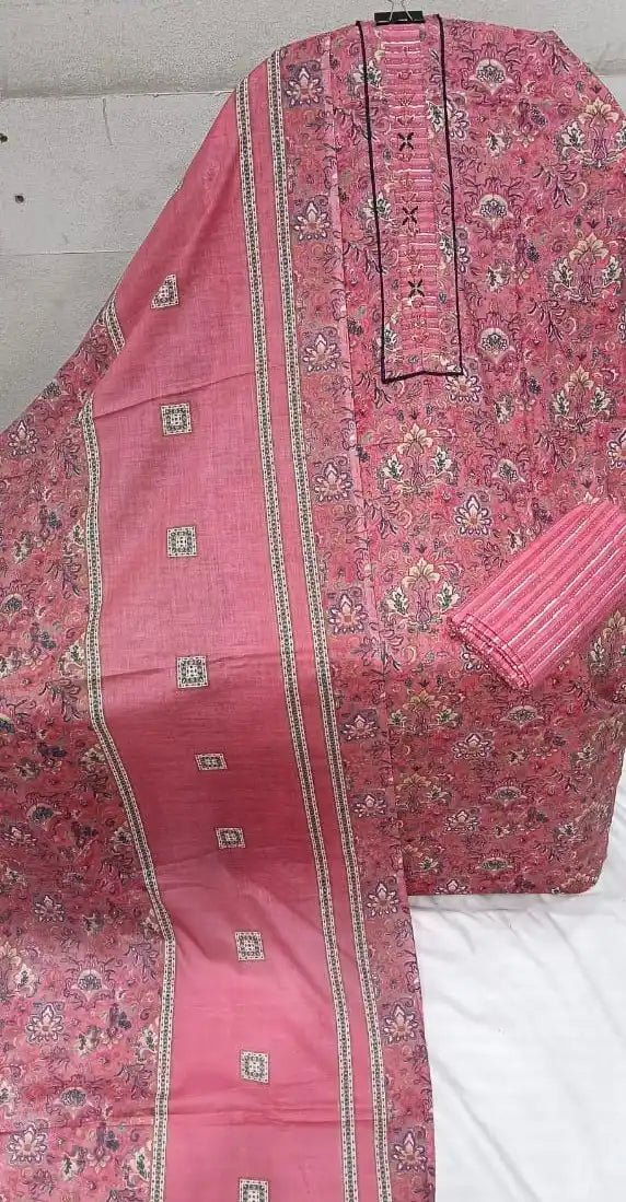 Unstitched Suit with Neck Embroidery & Cotton Dupatta