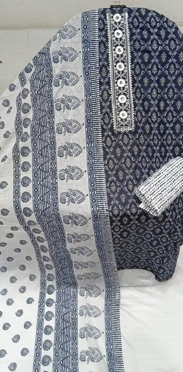 Unstitched Suit with Neck Embroidery & Cotton Dupatta