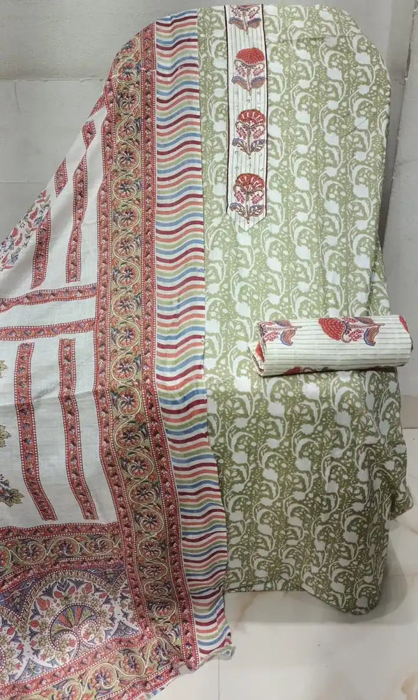 Unstitched Suit with Neck Embroidery & Cotton Dupatta