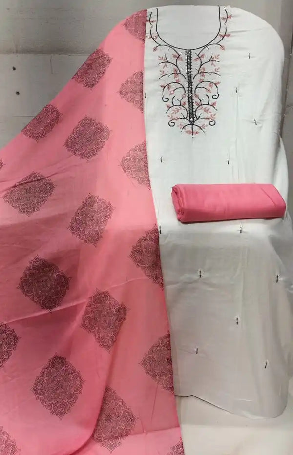Unstitched Suit with Neck Embroidery & Cotton Dupatta