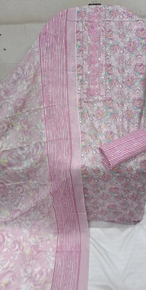 Unstitched Suit with Neck Embroidery & Cotton Dupatta