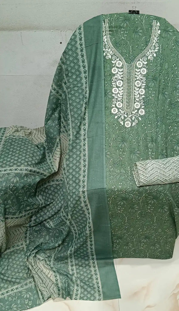 Unstitched Suit with Neck Embroidery & Cotton Dupatta