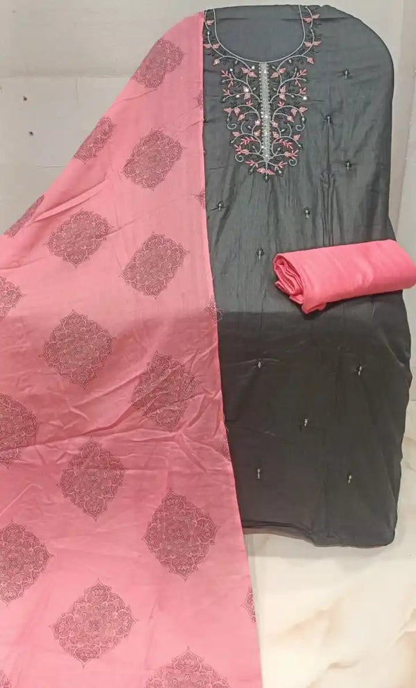 Unstitched Suit with Neck Embroidery & Cotton Dupatta