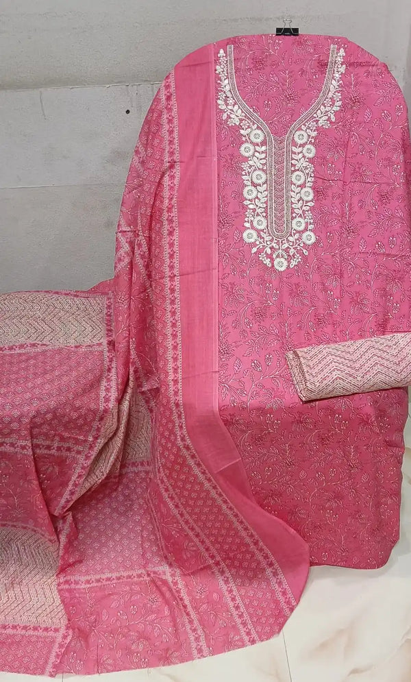 Unstitched Suit with Neck Embroidery & Cotton Dupatta