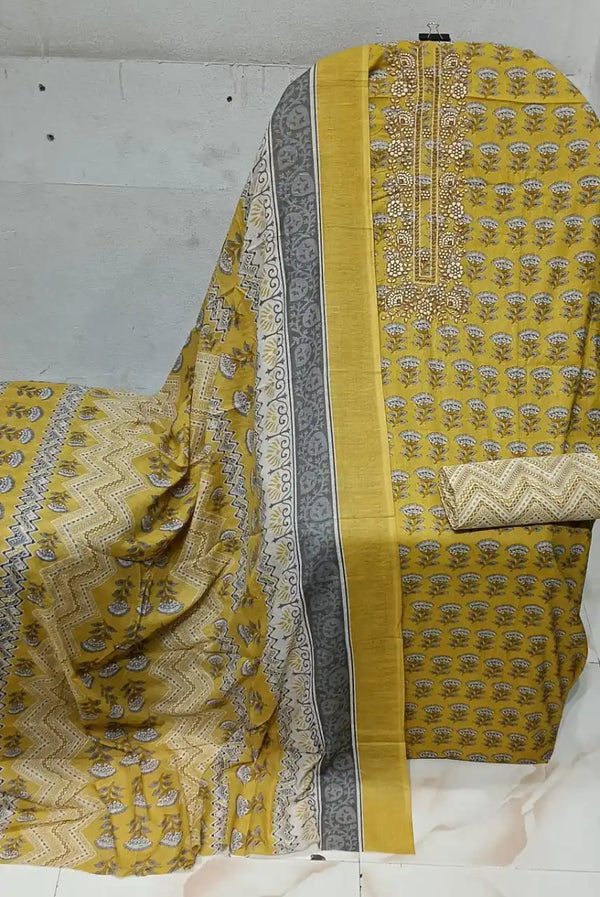 Unstitched Suit with Neck Embroidery & Cotton Dupatta