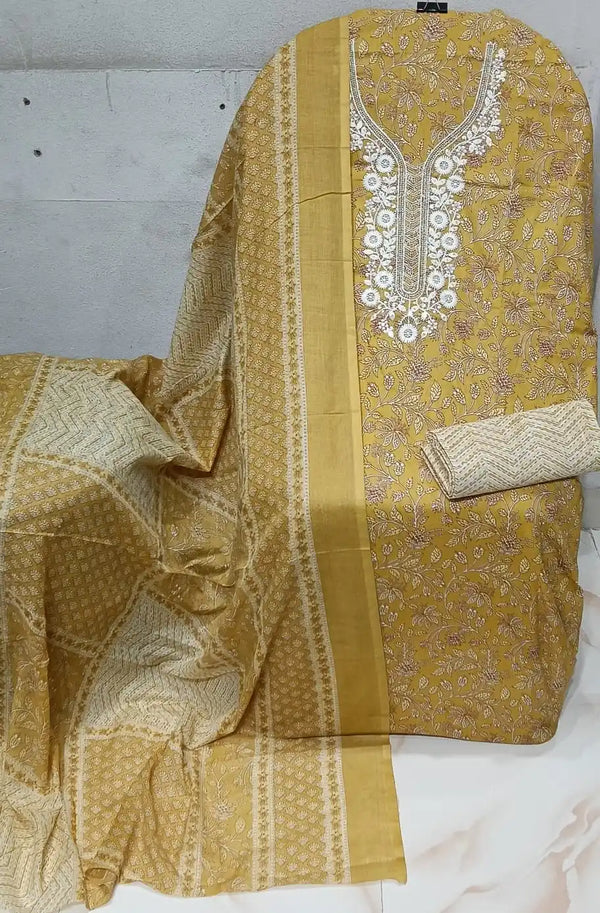 Unstitched Suit with Neck Embroidery & Cotton Dupatta