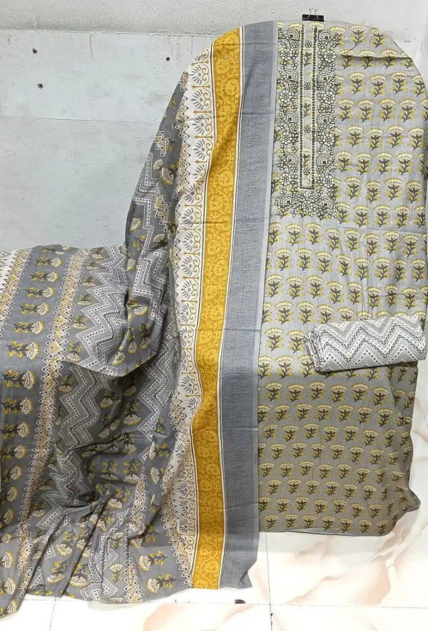 Unstitched Suit with Neck Embroidery & Cotton Dupatta