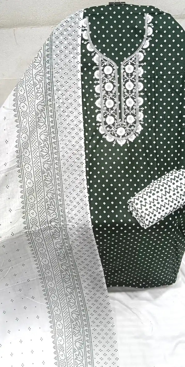 Unstitched Suit with Neck Embroidery & Cotton Dupatta
