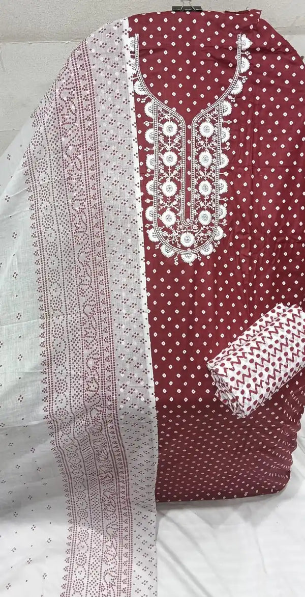 Unstitched Suit with Neck Embroidery & Cotton Dupatta