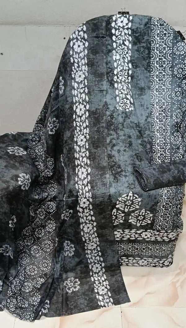 Unstitched Suit with Neck Embroidery & Cotton Dupatta