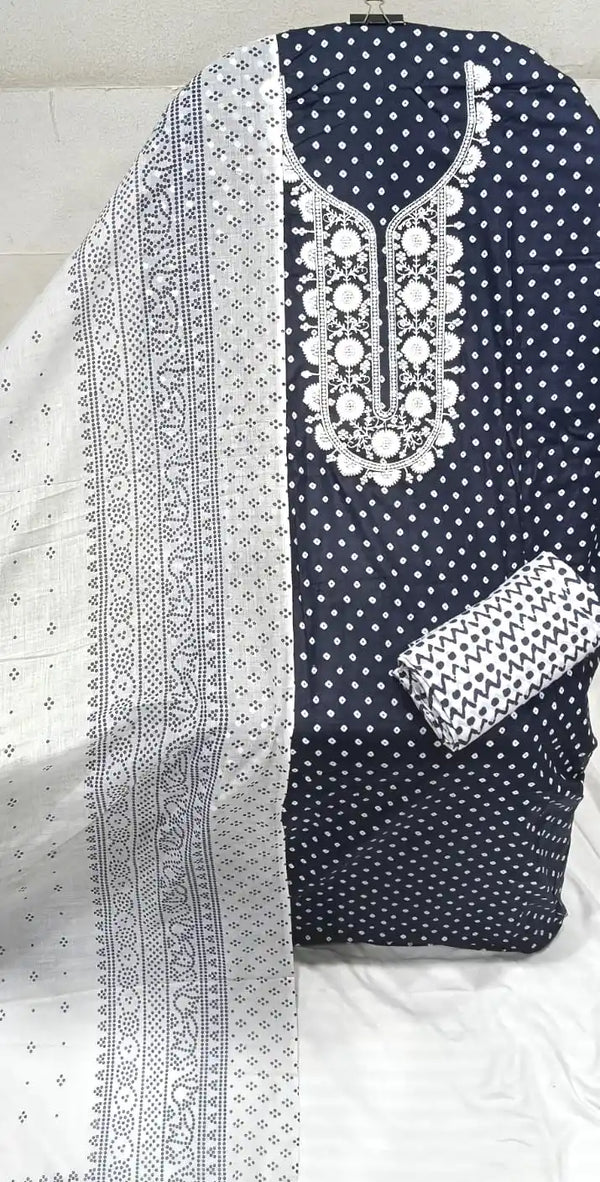 Unstitched Suit with Neck Embroidery & Cotton Dupatta
