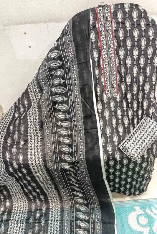 Unstitched Suit with Neck Embroidery & Cotton Dupatta