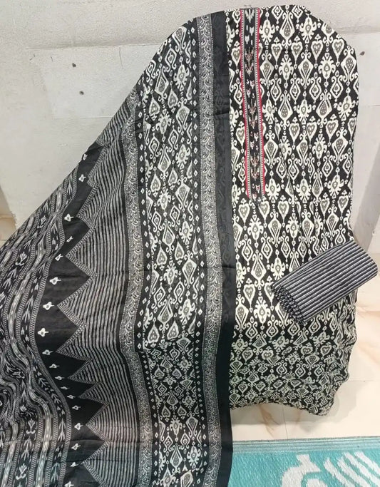 Unstitched Suit with Neck Embroidery & Cotton Dupatta