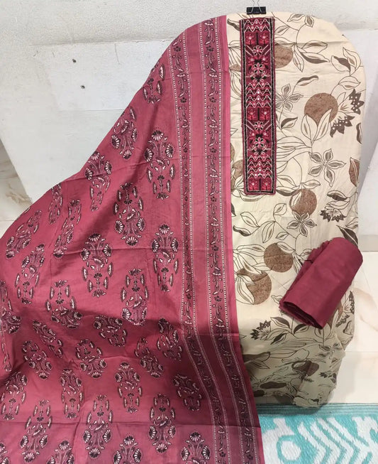 Unstitched Suit with Neck Embroidery & Cotton Dupatta