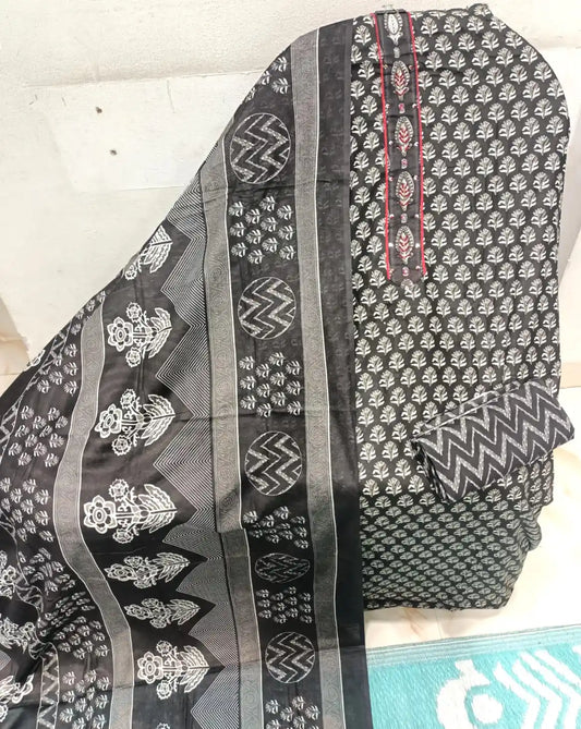 Unstitched Suit with Neck Embroidery & Cotton Dupatta