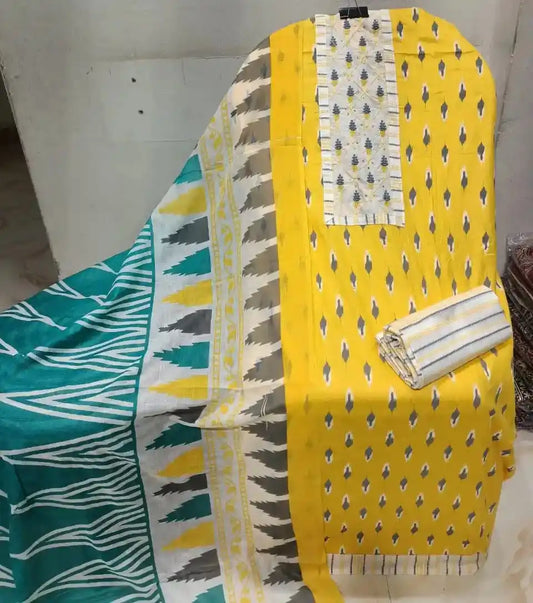 Unstitched Suit with Neck Embroidery & Cotton Dupatta