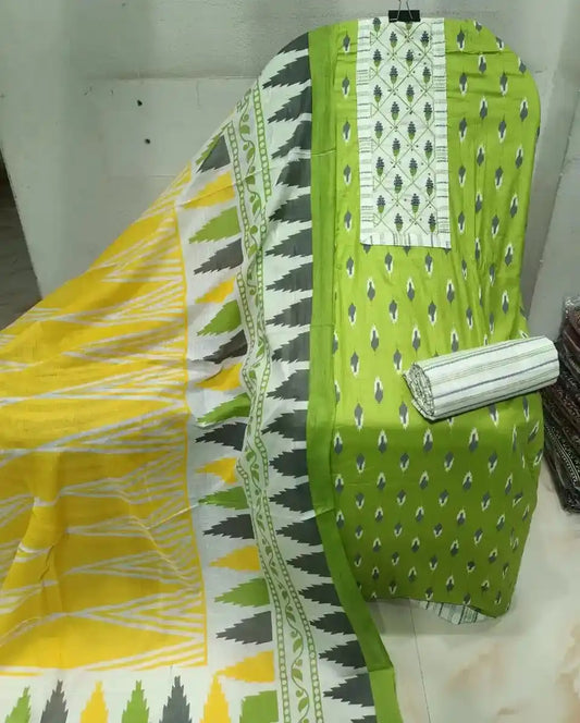 Unstitched Suit with Neck Embroidery & Cotton Dupatta