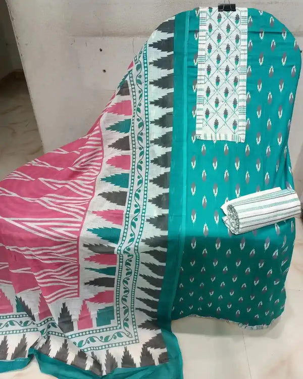 Unstitched Suit with Neck Embroidery & Cotton Dupatta