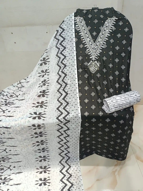 Unstitched Suit with Neck Embroidery & Cotton Dupatta