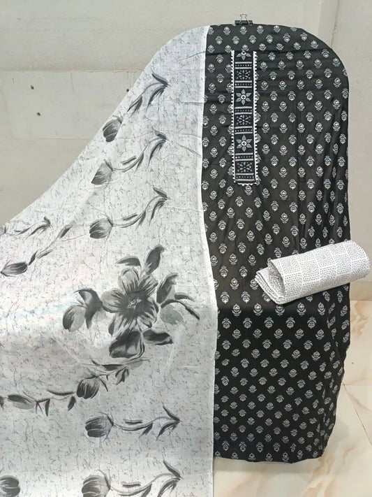 Unstitched Suit with Neck Embroidery & Cotton Dupatta