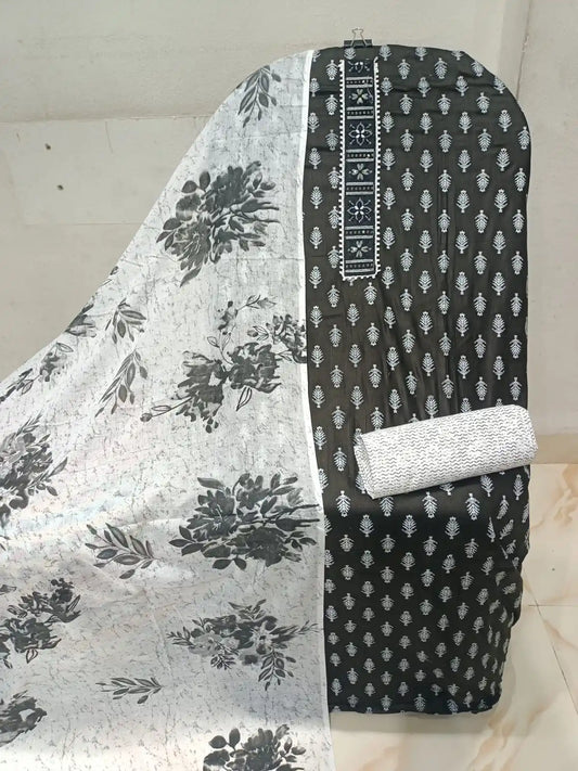 Unstitched Suit with Neck Embroidery & Cotton Dupatta