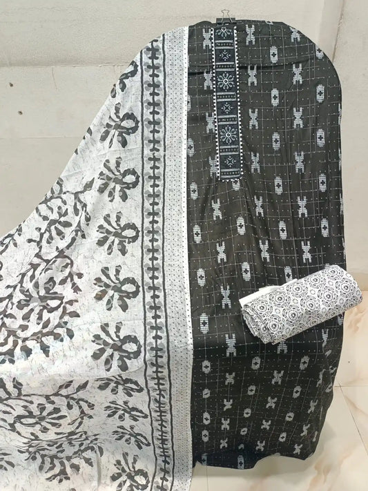 Unstitched Suit with Neck Embroidery & Cotton Dupatta