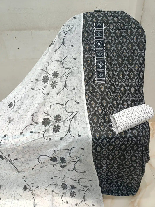 Unstitched Suit with Neck Embroidery & Cotton Dupatta