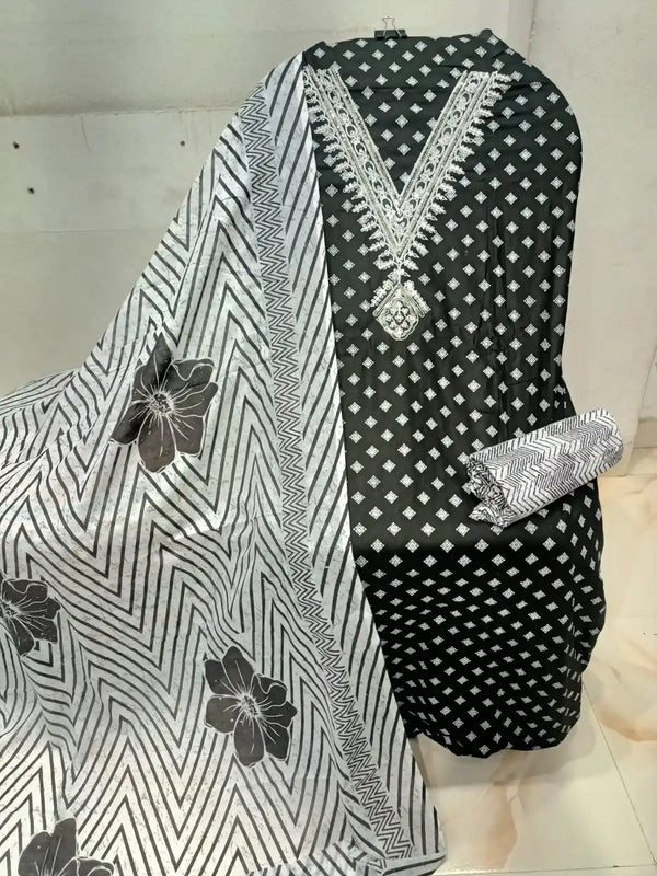 Unstitched Suit with Neck Embroidery & Cotton Dupatta