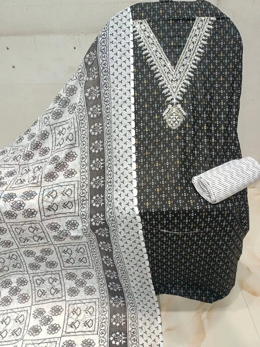 Unstitched Suit with Neck Embroidery & Cotton Dupatta