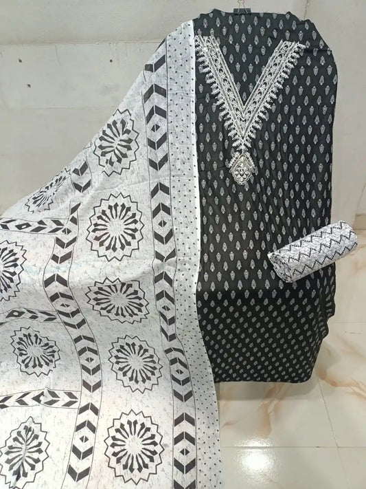 Unstitched Suit with Neck Embroidery & Cotton Dupatta