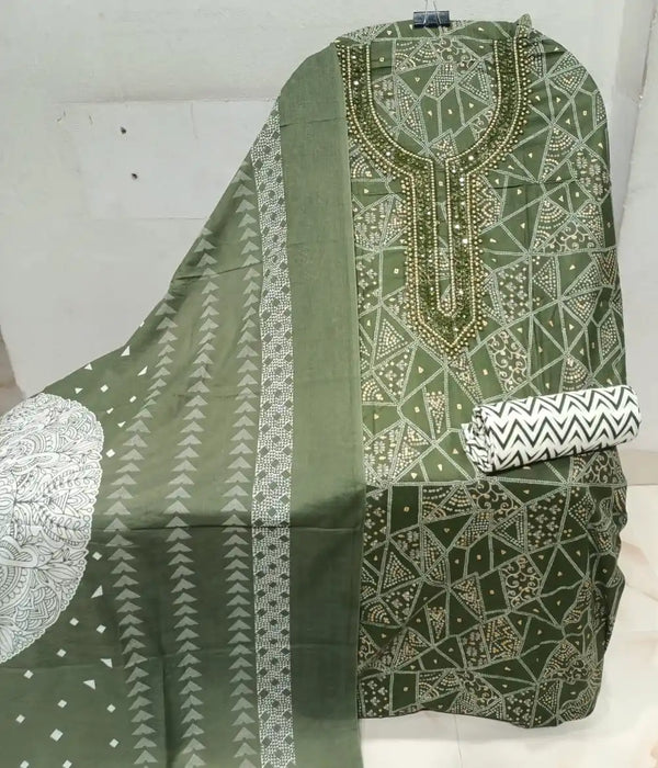Unstitched Suit with Neck Embroidery & Cotton Dupatta