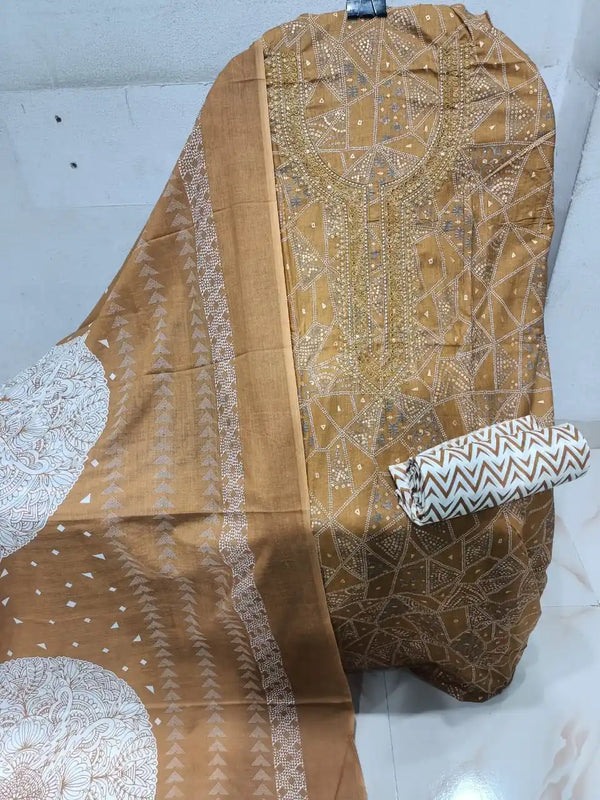 Unstitched Suit with Neck Embroidery & Cotton Dupatta