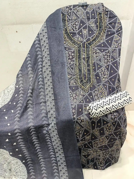 Unstitched Suit with Neck Embroidery & Cotton Dupatta