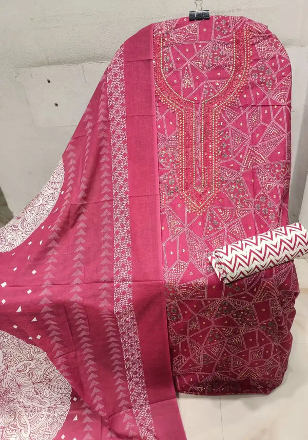 Unstitched Suit with Neck Embroidery & Cotton Dupatta